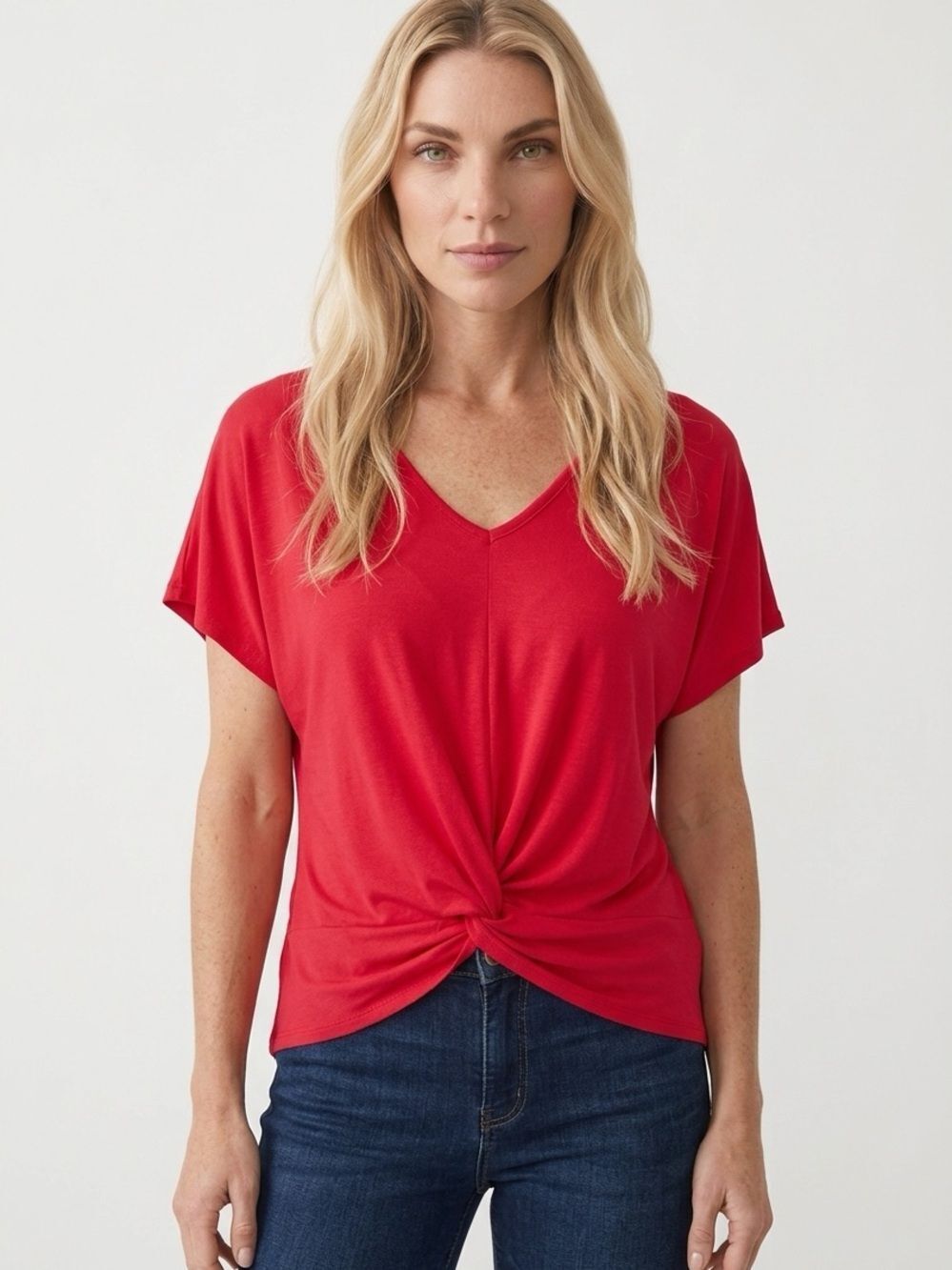 LAVENDER FIELD | Red V-Neck Twisted Hem Short Sleeve Top Women’s Size Large